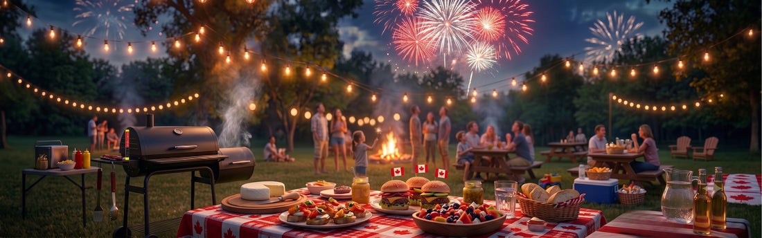 A full celebration feast spread across a table and in the background there's a family looking up at the Canada Day fireworks.