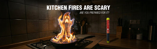 Ghost-shaped grease fire on a stovetop next to an Element portable fire extinguisher for home kitchen safety.