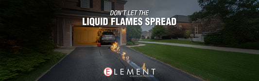 A trail of fire on a suburban driveway near an open garage and a parked car.