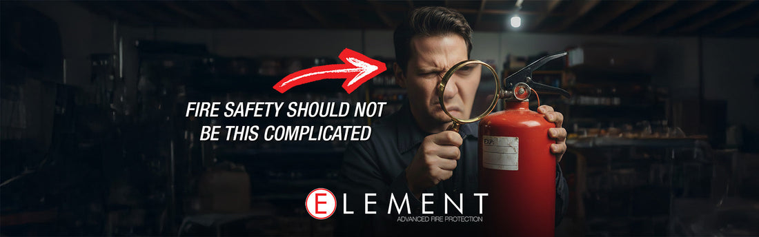 A frustrated man inspecting a traditional fire extinguisher with a magnifying glass, highlighting expiration label.