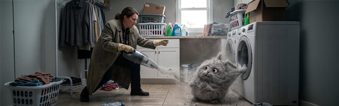 A lady vacuuming a lint monster that is hiding behind a dryer machine. 