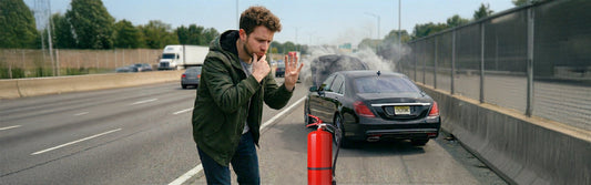 A man on a highway evaluating a smoking car fire, holding up four fingers next to a fire extinguisher trying to recall the P.A.S.S method.