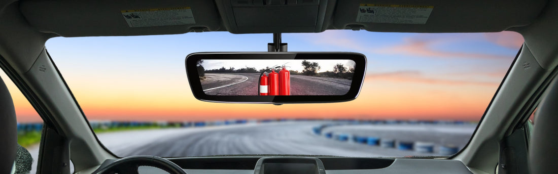 Traditional pressurized Fire Extinguisher units being shown in the rear view mirror of a sports car. 