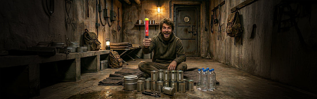 Man sitting in a bunker holding up an Element Fire Extinguisher.