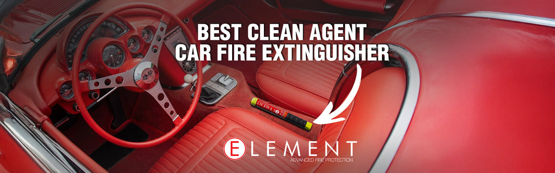 Element E50 Fire Extinguisher sitting in the center console of a classic car.