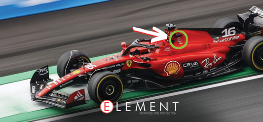 Red "E" sticker on formula one car resembles Element Extinguisher logo