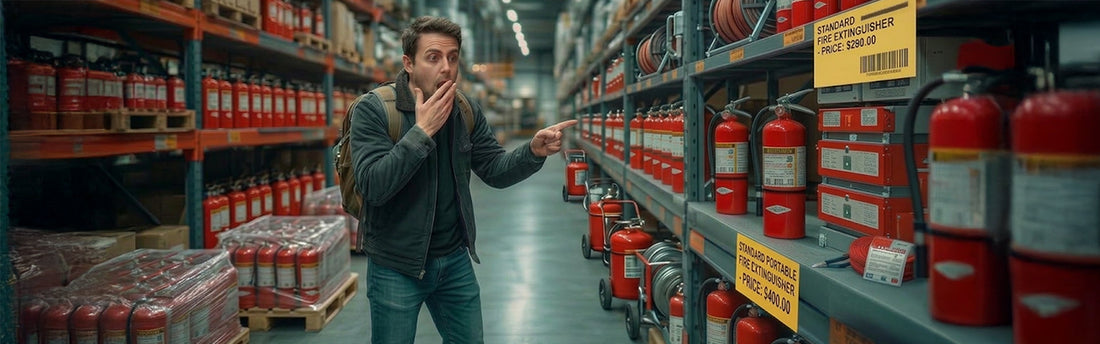 Man looking shocked as he looks at the cost of the fire extinguishers on a shelf in a warehouse setting.